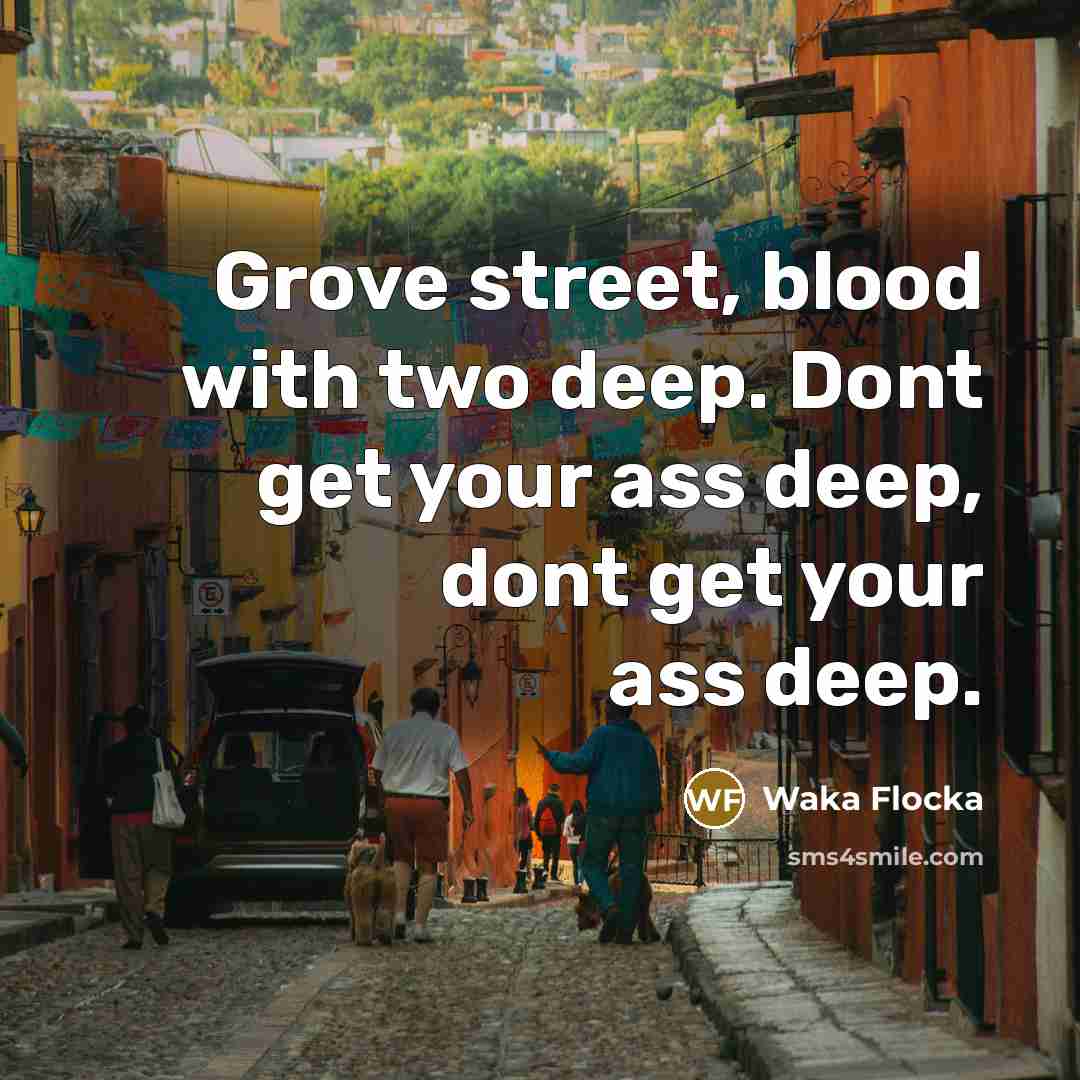 “Grove street, blood with two deep. Dont get your ass deep, dont get your ass deep.” quote by Waka Flocka