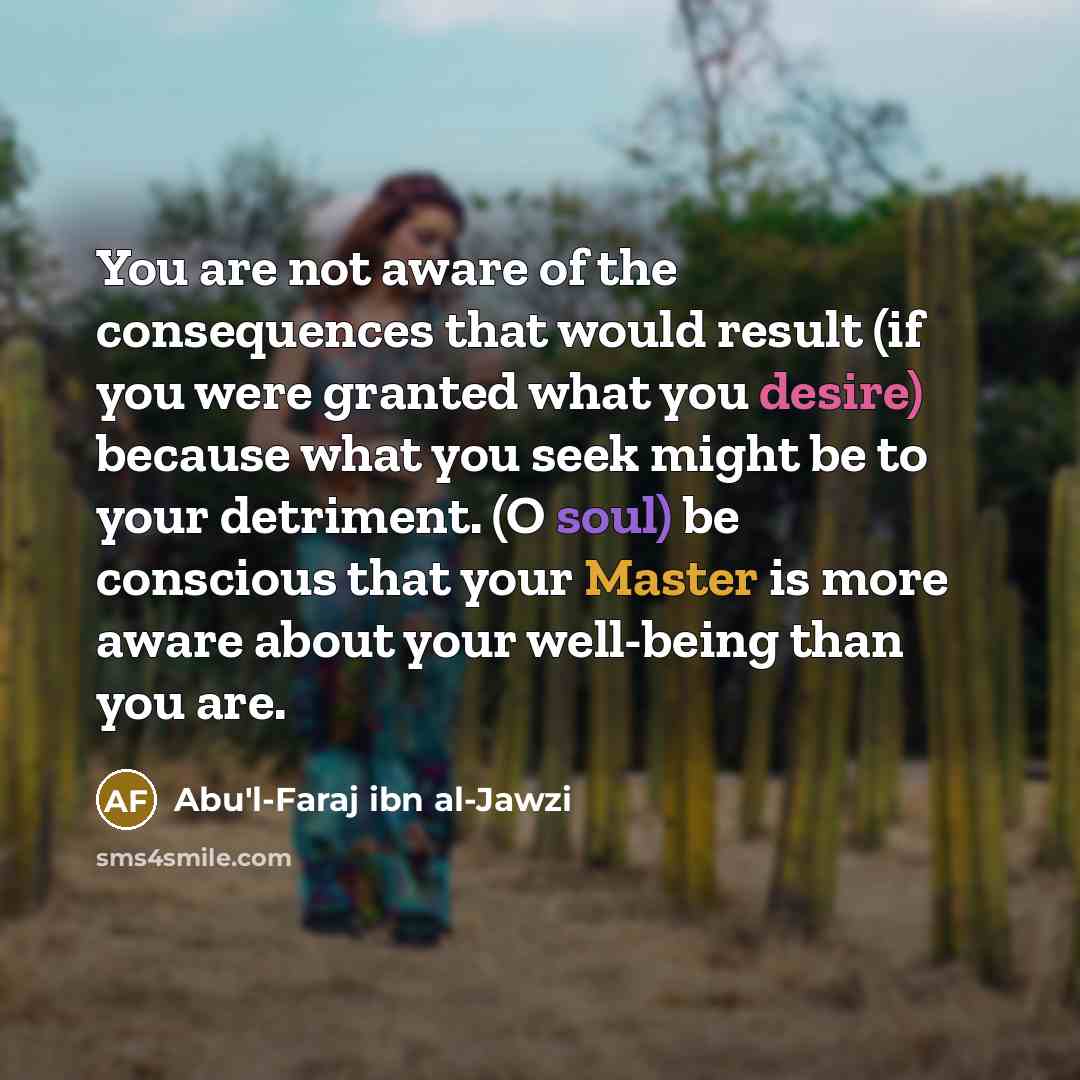 “You are not aware of the consequences that would result (if you were granted what you desire) because what you seek might be to your detriment. (O soul) be conscious that your Master is more aware about your well-being than you are.” quote by Abu'l-Faraj ibn al-Jawzi