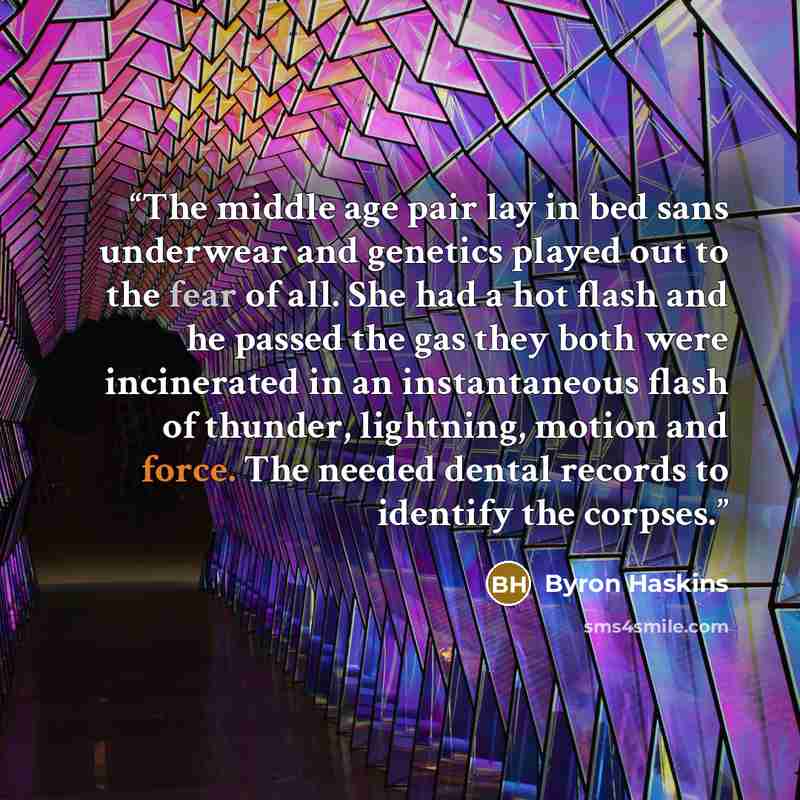 “The middle age pair lay in bed sans underwear and genetics played out to the fear of all. She had a hot flash and he passed the gas they both were incinerated in an instantaneous flash of thunder, lightning, motion and force. The needed dental records to identify the corpses.” quote by Byron Haskins