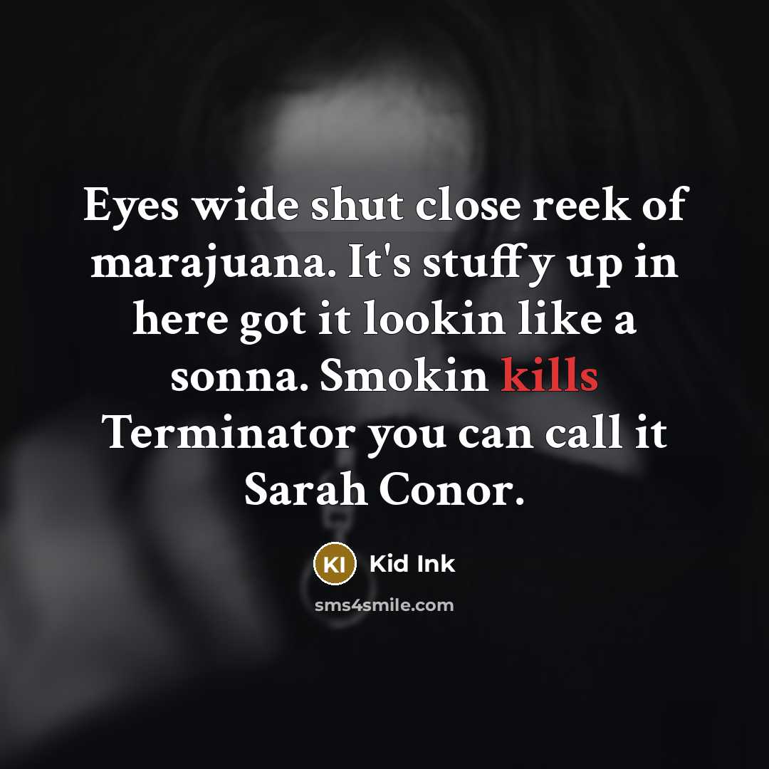 “Eyes wide shut close reek of marajuana. It's stuffy up in here got it lookin like a sonna. Smokin kills Terminator you can call it Sarah Conor.” quote by Kid Ink
