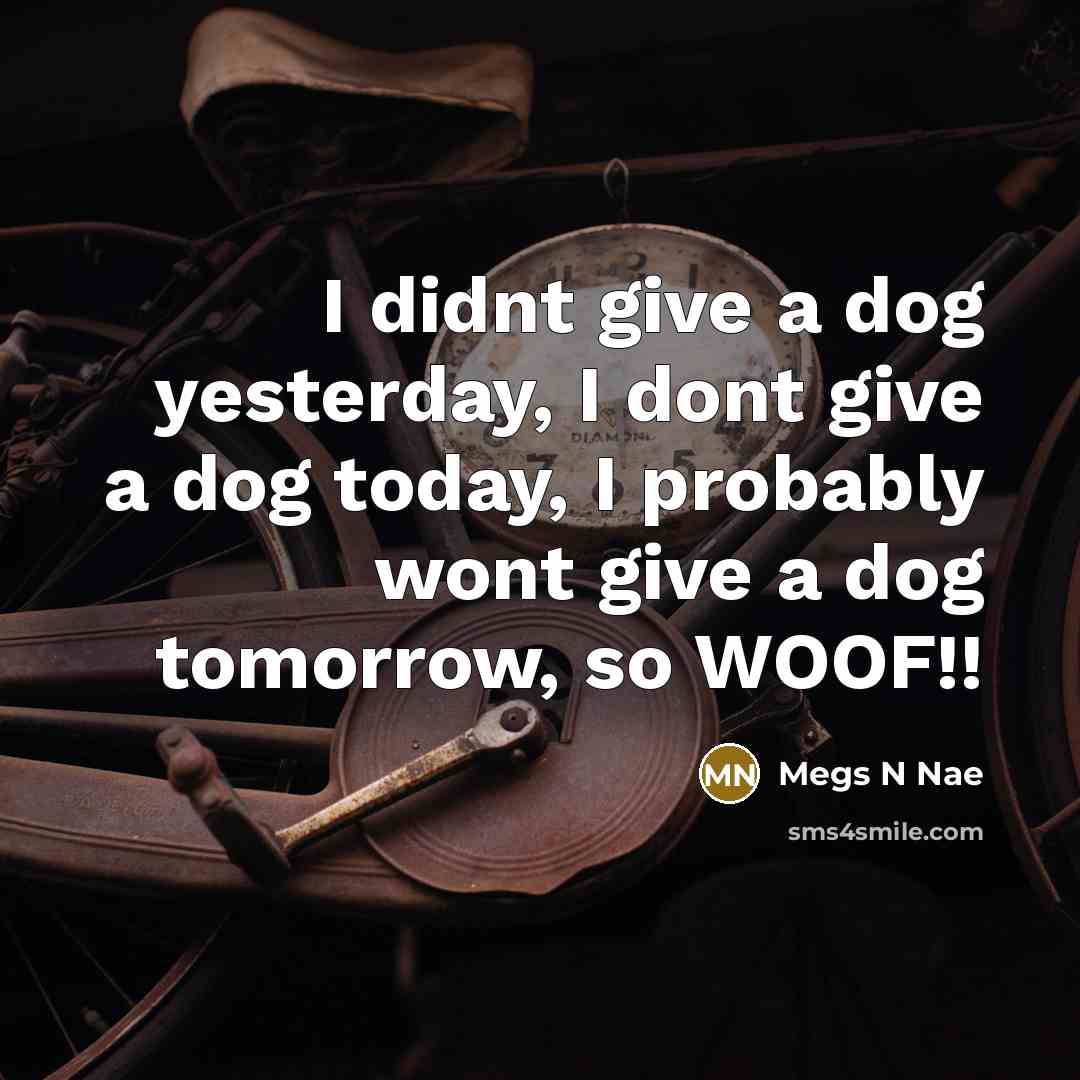 “I didnt give a dog yesterday, I dont give a dog today, I probably wont give a dog tomorrow, so WOOF!!” quote by Megs N Nae