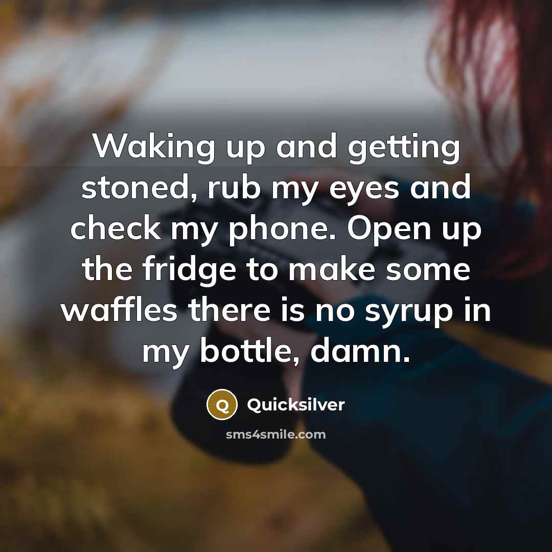 “Waking up and getting stoned, rub my eyes and check my phone. Open up the fridge to make some waffles there is no syrup in my bottle, damn.” quote by Quicksilver