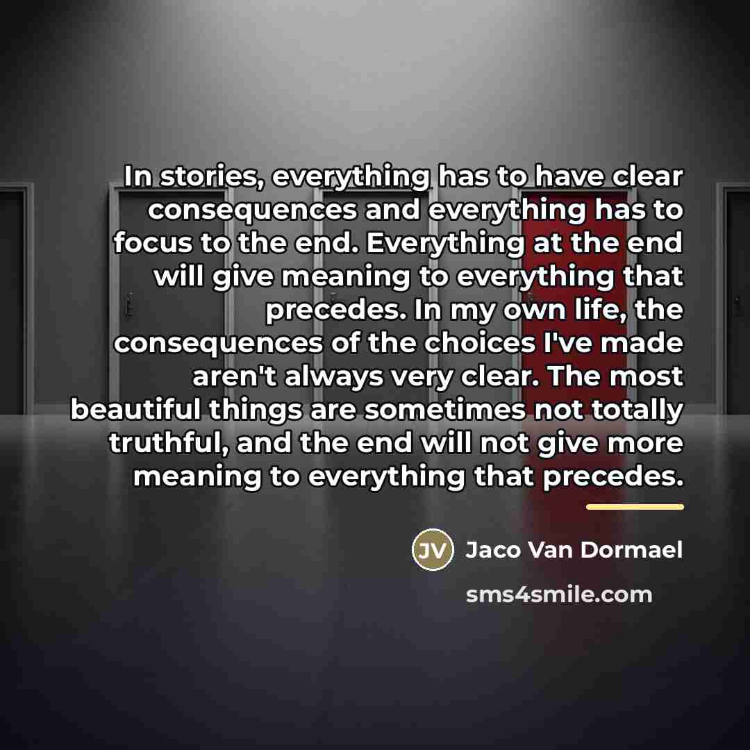 “In stories, everything has to have clear consequences and everything…” quote by Jaco Van Dormael