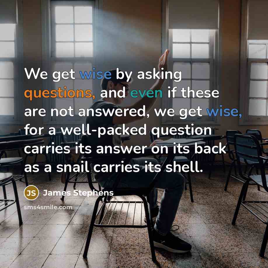 “We get wise by asking questions, and even if these are not answered, we get wise, for a well-packed question carries its answer on its back as a snail carries its shell.” quote by James Stephens