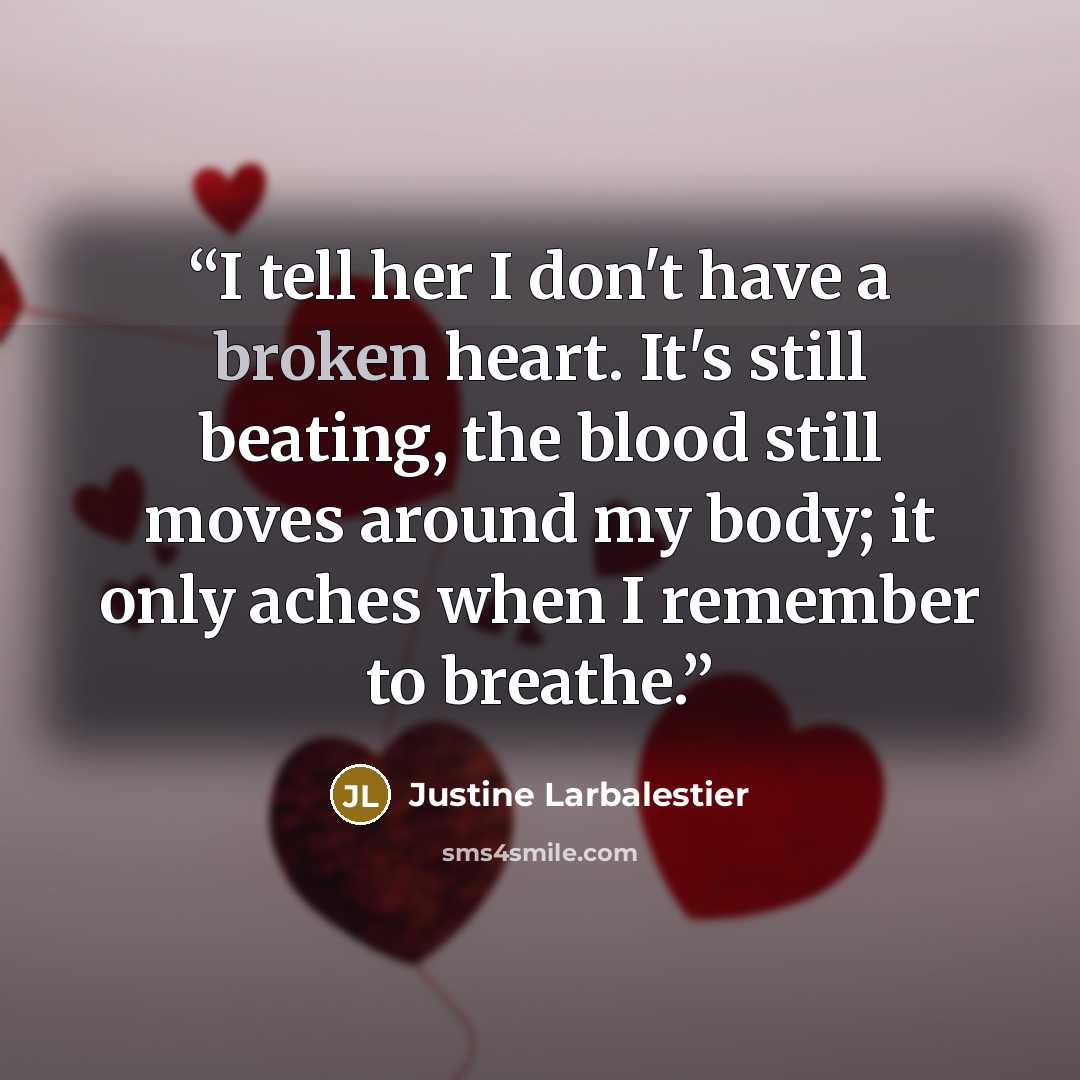 “I tell her I don't have a broken heart. It's still beating, the blood still moves around my body; it only aches when I remember to breathe.” quote by Justine Larbalestier