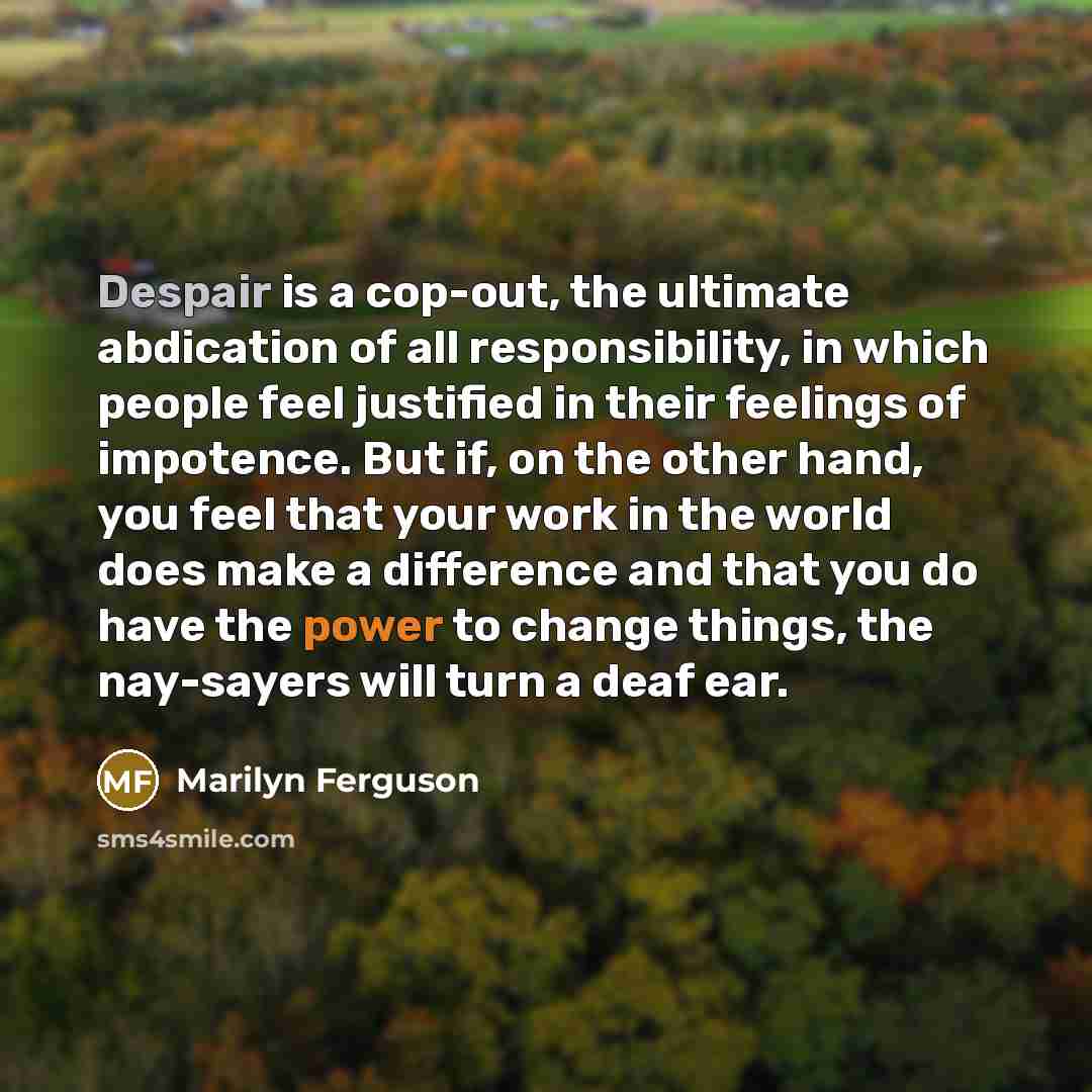 “Despair is a cop-out, the ultimate abdication of all responsibility,…” quote by Marilyn Ferguson