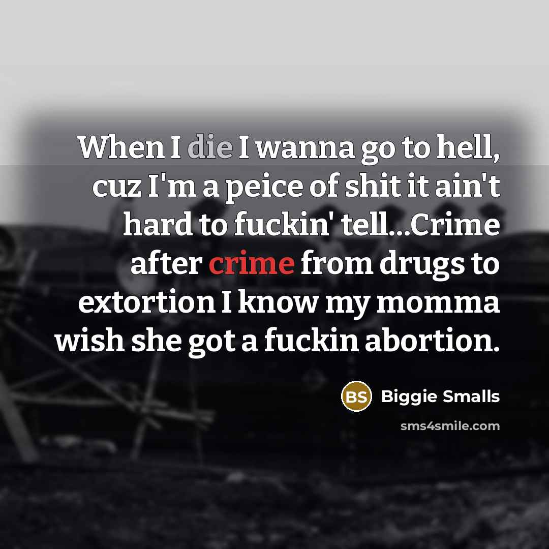 “When I die I wanna go to hell, cuz I'm a peice of shit it ain't hard to fuckin' tell…Crime after crime from drugs to extortion I know my momma wish she got a fuckin abortion.” quote by Biggie Smalls