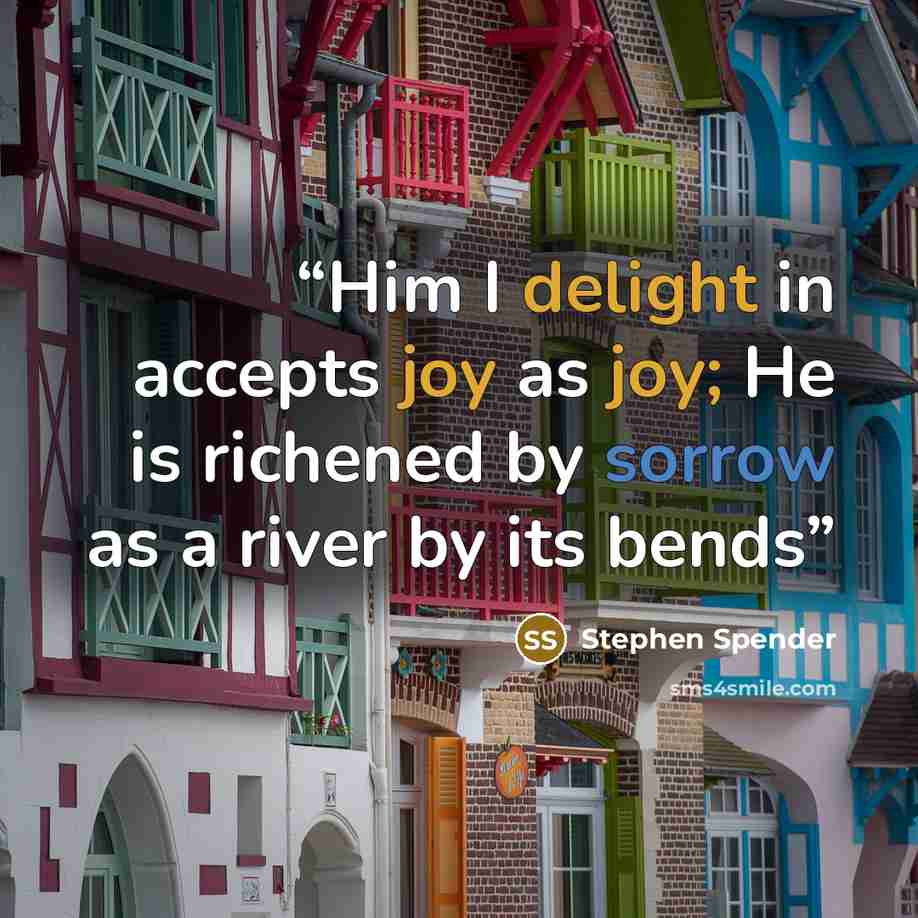“Him I delight in accepts joy as joy; He is richened by sorrow as a river by its bends” quote by Stephen Spender