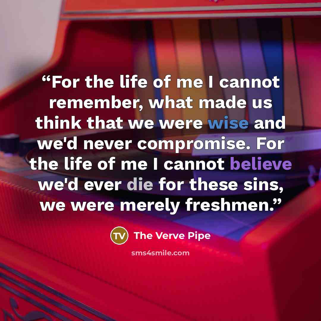 “For the life of me I cannot remember, what made us think that we were wise and we'd never compromise. For the life of me I cannot believe we'd ever die for these sins, we were merely freshmen.” quote by The Verve Pipe