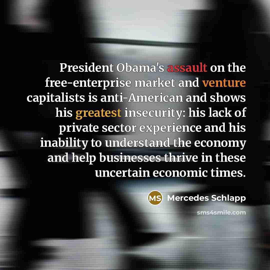“President Obama's assault on the free-enterprise market and venture capitalists is anti-American and shows his greatest insecurity: his lack of private sector experience and his inability to understand the economy and help businesses thrive in these uncertain economic times.” quote by Mercedes Schlapp
