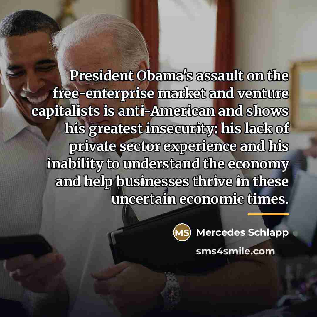“President Obama's assault on the free-enterprise market and venture capitalists…” quote by Mercedes Schlapp