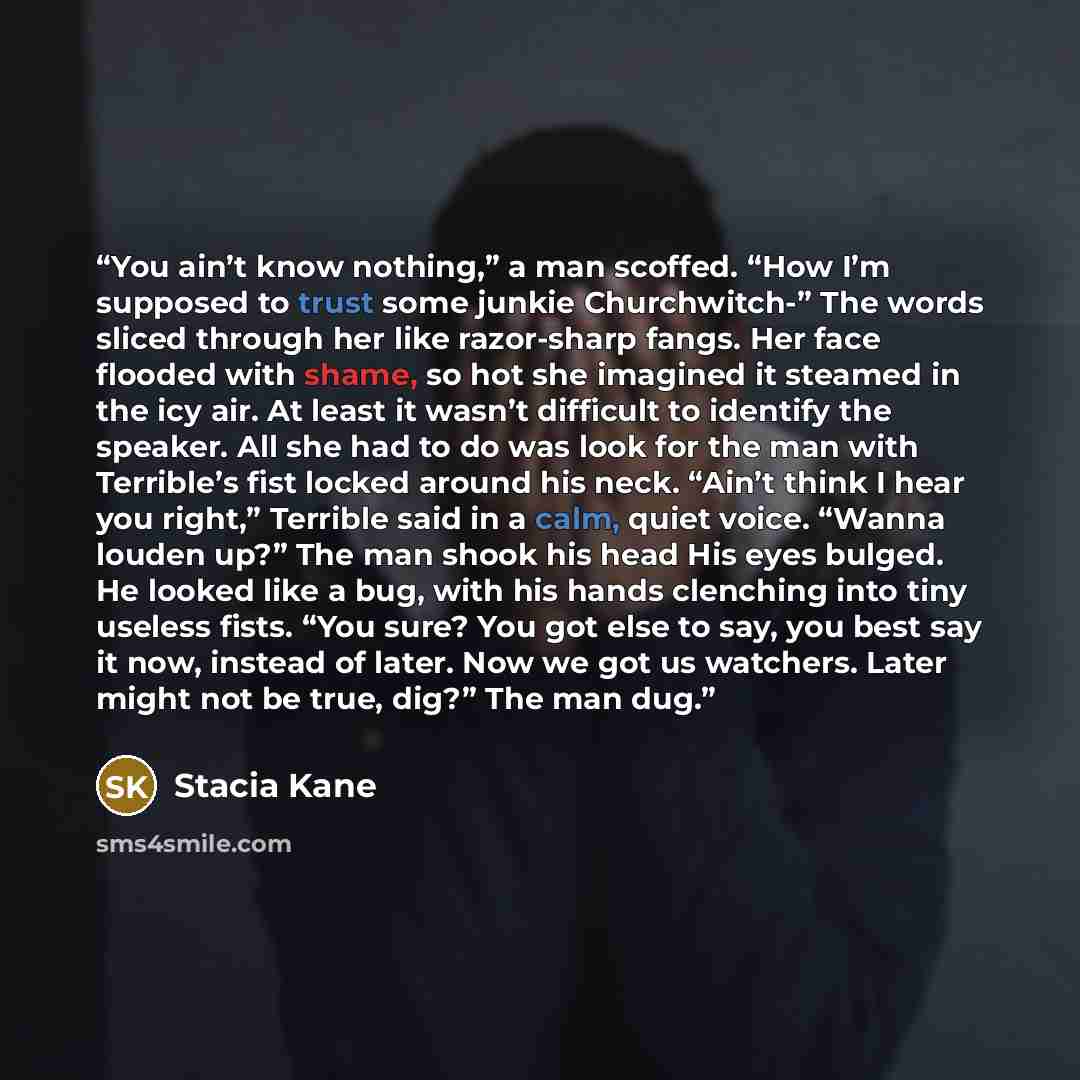 “You ain’t know nothing,” a man scoffed. “How I’m supposed to trust some junkie Churchwitch-” The words sliced through her like razor-sharp fangs. Her face flooded with shame, so hot she imagined it steamed in the icy air. At least it wasn’t difficult to identify the speaker. All she had to do was…” quote by Stacia Kane