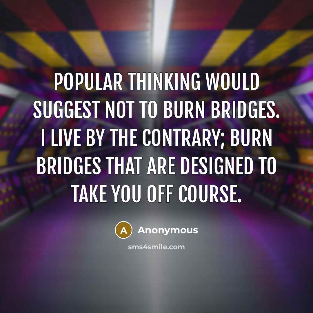 “Popular thinking would suggest not to burn bridges. I live by the contrary; burn bridges that are designed to take you off course.” quote by Anonymous
