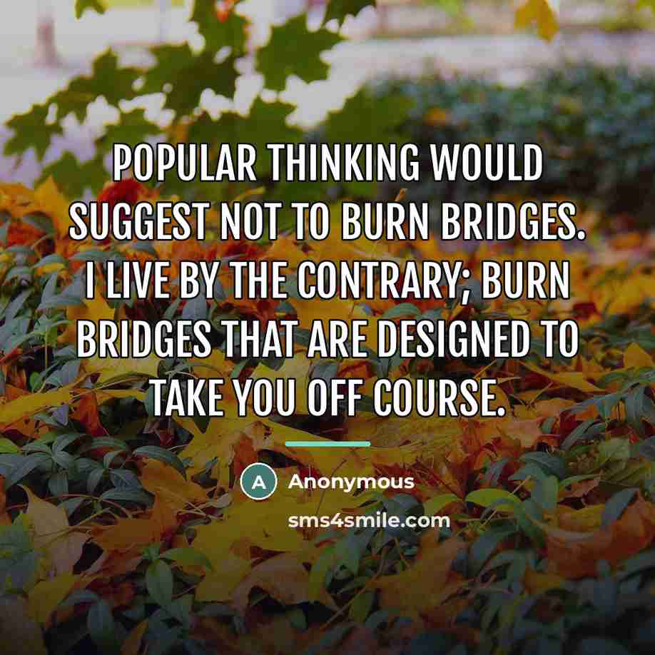 “Popular thinking would suggest not to burn bridges. I live…” quote by Anonymous