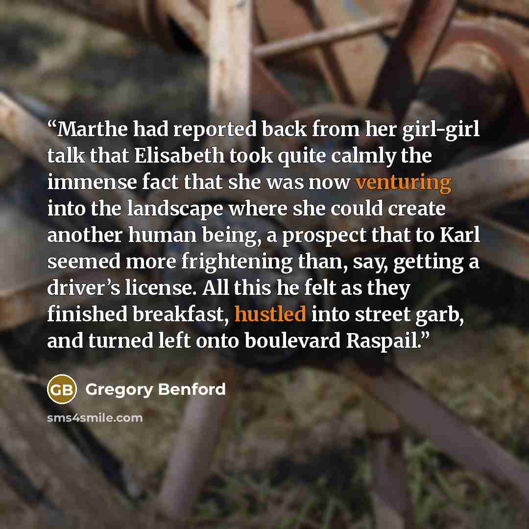 “Marthe had reported back from her girl-girl talk that Elisabeth took quite calmly the immense fact that she was now venturing into the landscape where she could create another human being, a prospect that to Karl seemed more frightening than, say, getting a driver’s license. All this he felt as…” quote by Gregory Benford