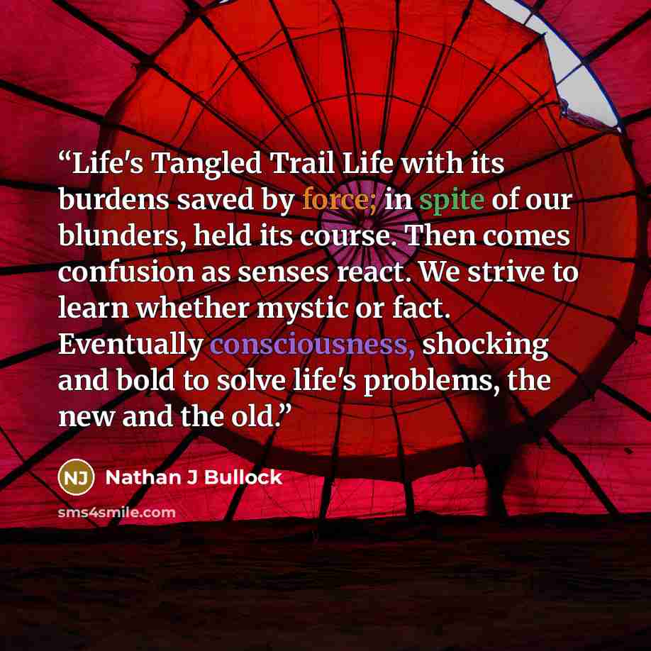 “Life's Tangled Trail Life with its burdens saved by force; in spite of our blunders, held its course. Then comes confusion as senses react. We strive to learn whether mystic or fact. Eventually consciousness, shocking and bold to solve life's problems, the new and the old.” quote by Nathan J Bullock