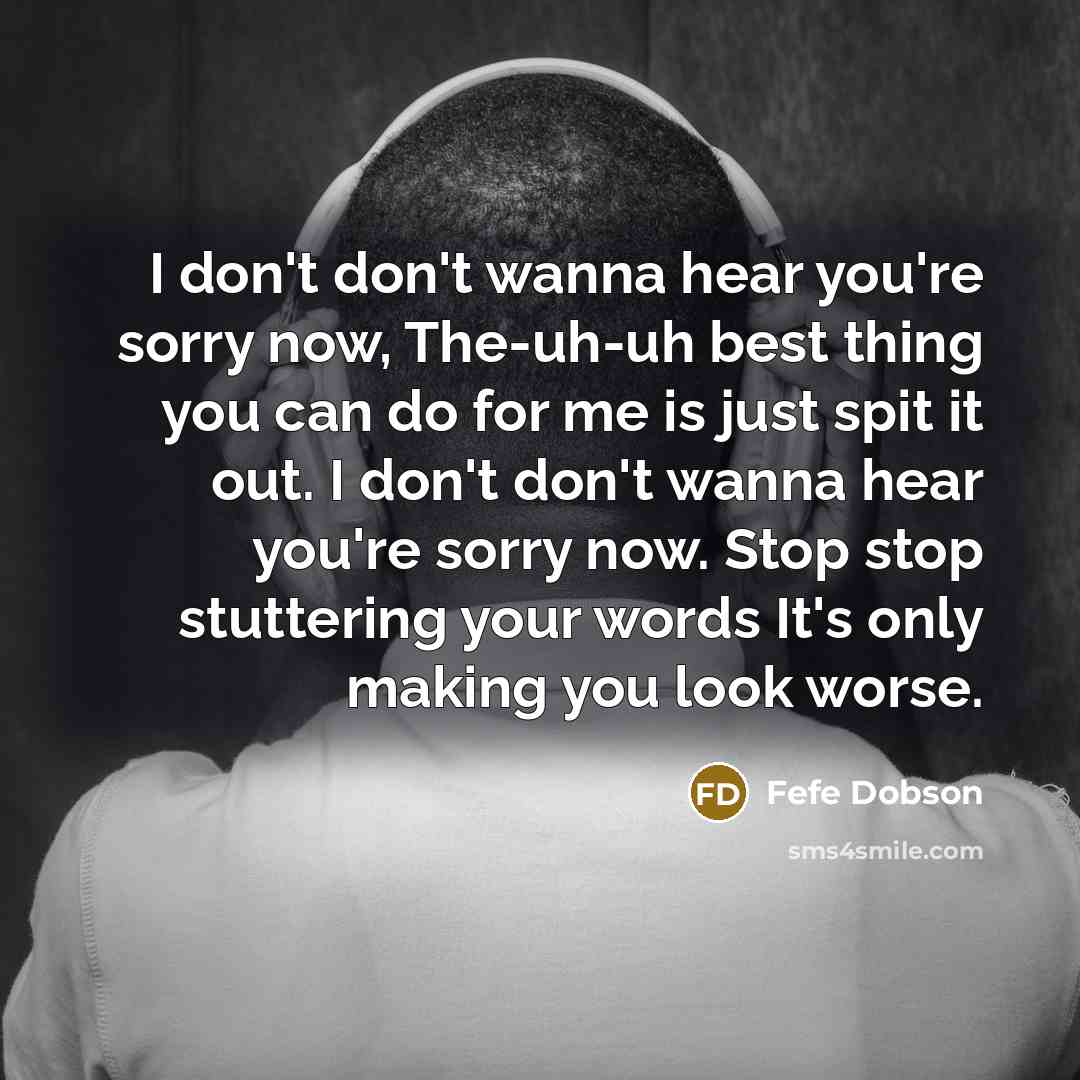 “I don't don't wanna hear you're sorry now, The-uh-uh best thing you can do for me is just spit it out. I don't don't wanna hear you're sorry now. Stop stop stuttering your words It's only making you look worse.” quote by Fefe Dobson