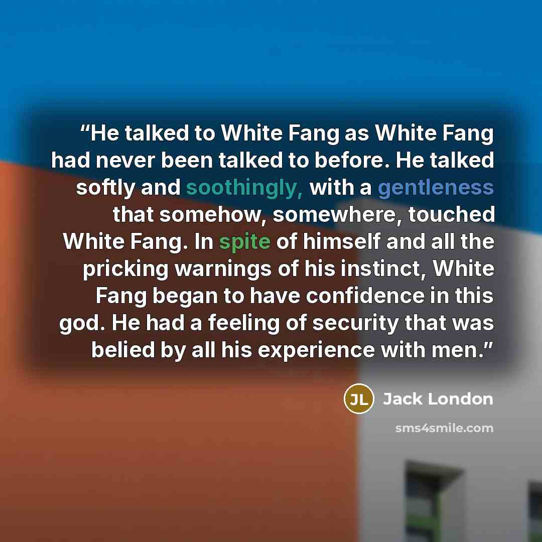 “He talked to White Fang as White Fang had never been talked to before. He talked softly and soothingly, with a gentleness that somehow, somewhere, touched White Fang. In spite of himself and all the pricking warnings of his instinct, White Fang began to have confidence in this god. He had a…” quote by Jack London