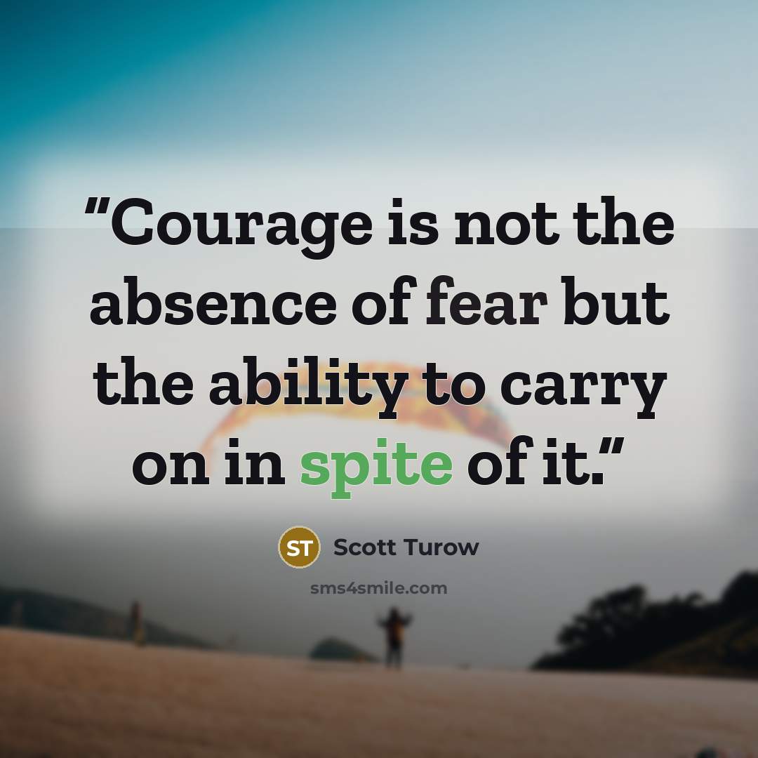 “Courage is not the absence of fear but the ability to carry on in spite of it.” quote by Scott Turow