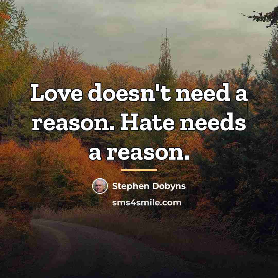 “Love doesn't need a reason. Hate needs a reason.…” quote by Stephen Dobyns