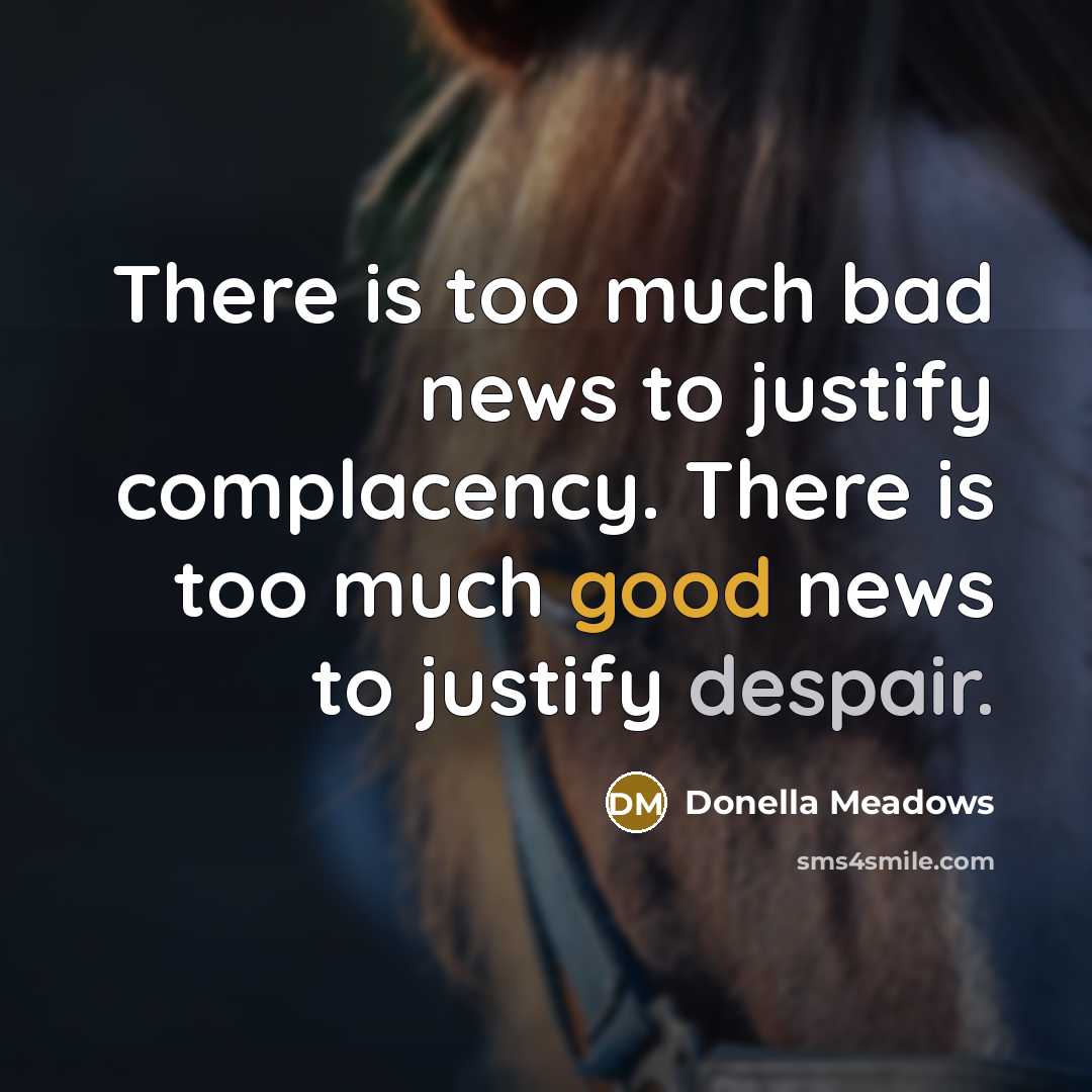 “There is too much bad news to justify complacency. There…” quote by Donella Meadows