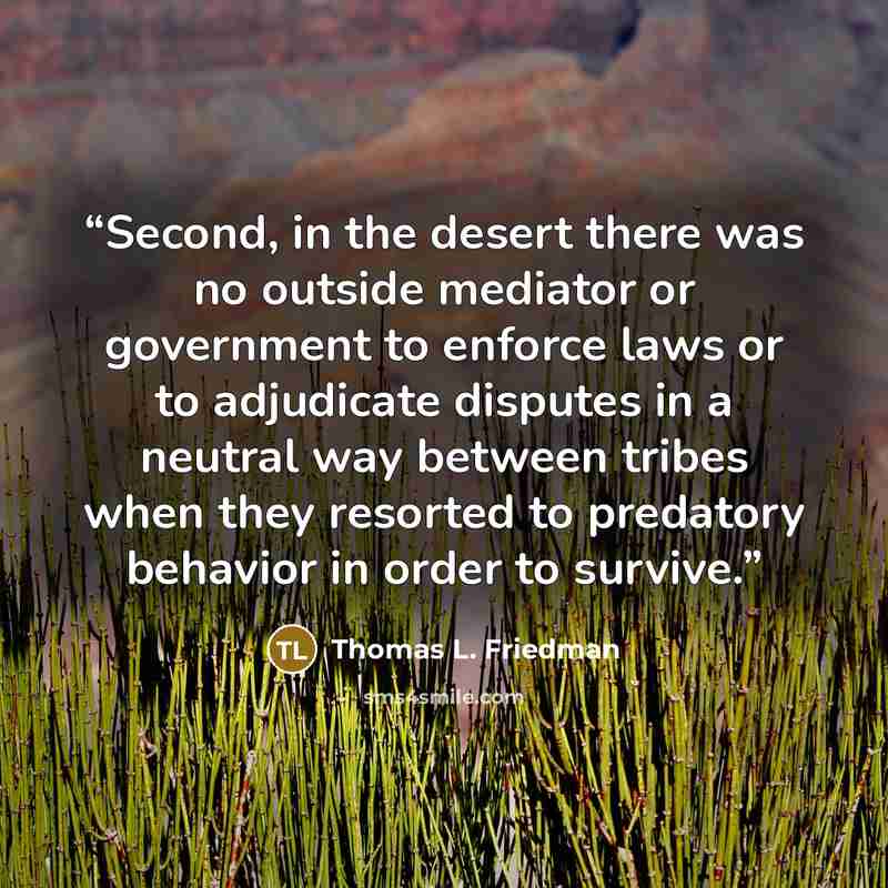 “Second, in the desert there was no outside mediator or government to enforce laws or to adjudicate disputes in a neutral way between tribes when they resorted to predatory behavior in order to survive.” quote by Thomas L. Friedman
