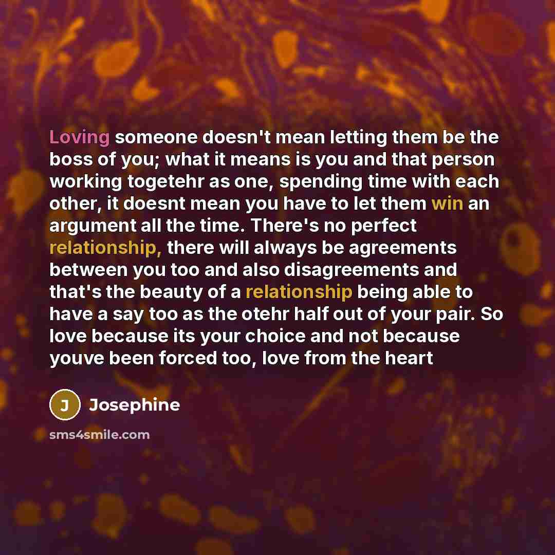 “Loving someone doesn't mean letting them be the boss of you; what it means is you and that person working togetehr as one, spending time with each other, it doesnt mean you have to let them win an argument all the time. There's no perfect relationship, there will always be agreements between you…” quote by Josephine