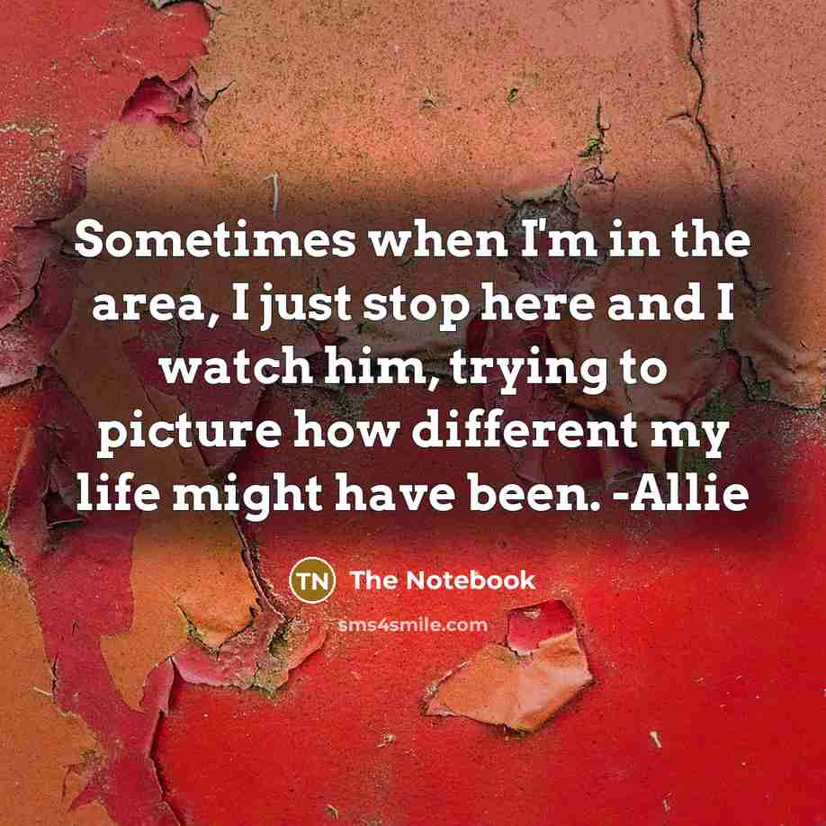 “Sometimes when I'm in the area, I just stop here and I watch him, trying to picture how different my life might have been. -Allie” quote by The Notebook