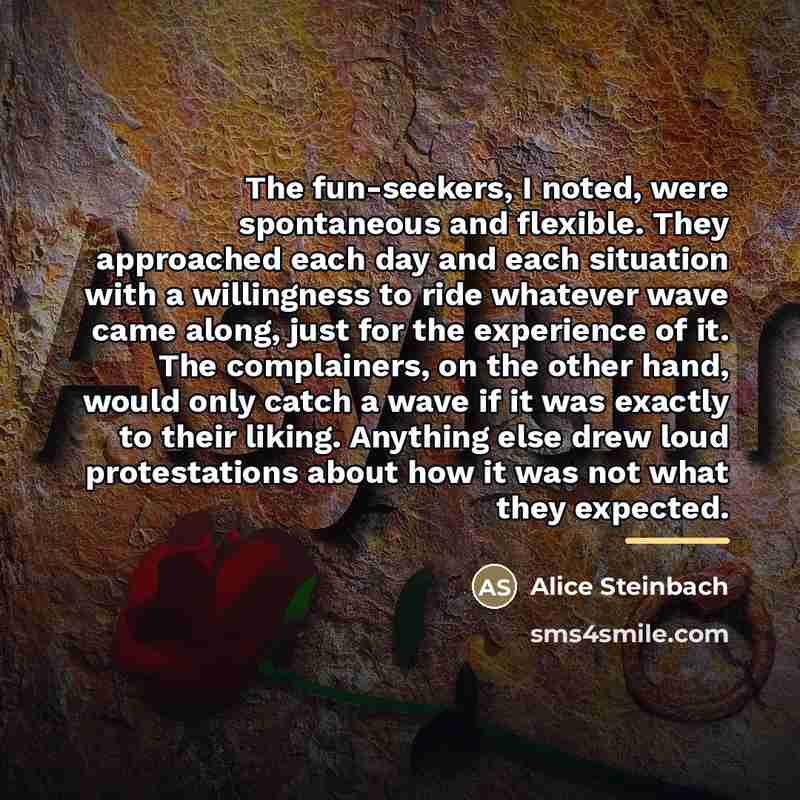“The fun-seekers, I noted, were spontaneous and flexible. They approached…” quote by Alice Steinbach