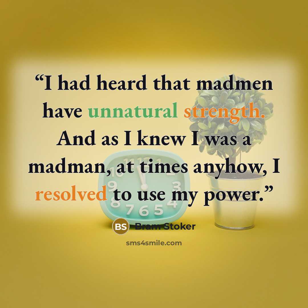 “I had heard that madmen have unnatural strength. And as I knew I was a madman, at times anyhow, I resolved to use my power.” quote by Bram Stoker