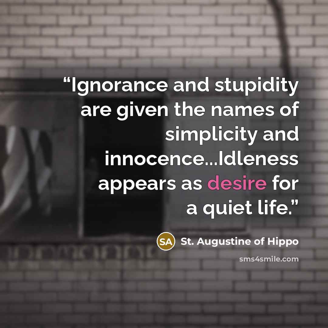 “Ignorance and stupidity are given the names of simplicity and innocence...Idleness appears as desire for a quiet life.” quote by St. Augustine of Hippo