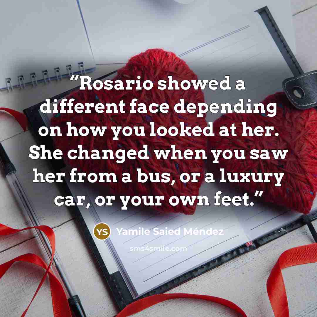 “Rosario showed a different face depending on how you looked at her. She changed when you saw her from a bus, or a luxury car, or your own feet.” quote by Yamile Saied Méndez