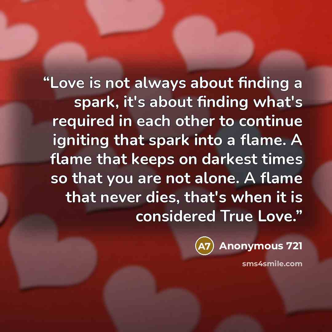 “Love is not always about finding a spark, it's about finding what's required in each other to continue igniting that spark into a flame. A flame that keeps on darkest times so that you are not alone. A flame that never dies, that's when it is considered True Love.” quote by Anonymous 721