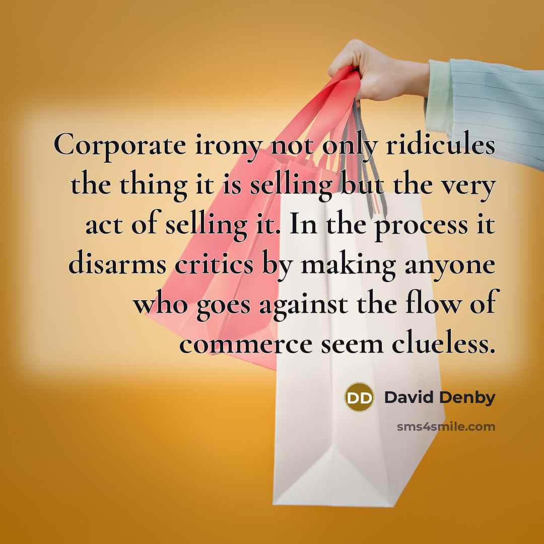 “Corporate irony not only ridicules the thing it is selling…” quote by David Denby