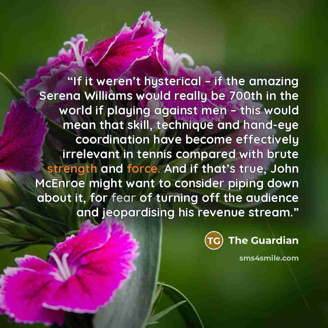 “If it weren’t hysterical – if the amazing Serena Williams would really be 700th in the world if playing against men – this would mean that skill, technique and hand-eye coordination have become effectively irrelevant in tennis compared with brute strength and force. And if that’s true, John…” quote by The Guardian