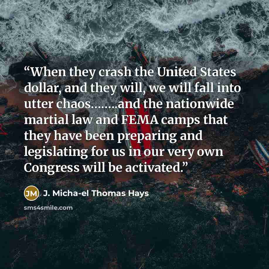 “When they crash the United States dollar, and they will, we will fall into utter chaos……..and the nationwide martial law and FEMA camps that they have been preparing and legislating for us in our very own Congress will be activated.” quote by J. Micha-el Thomas Hays