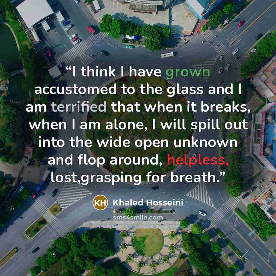 “I think I have grown accustomed to the glass and I am terrified that when it breaks, when I am alone, I will spill out into the wide open unknown and flop around, helpless, lost,grasping for breath.” quote by Khaled Hosseini