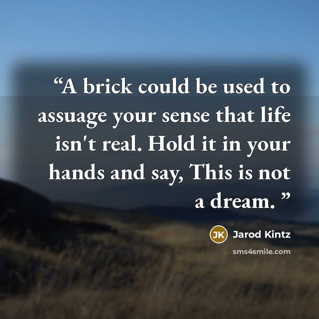 “A brick could be used to assuage your sense that life isn't real. Hold it in your hands and say, This is not a dream.” quote by Jarod Kintz