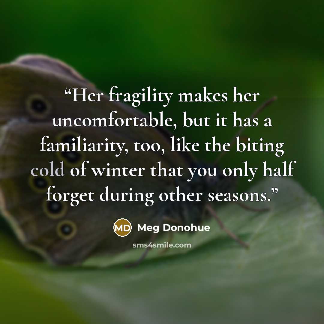 “Her fragility makes her uncomfortable, but it has a familiarity, too, like the biting cold of winter that you only half forget during other seasons.” quote by Meg Donohue