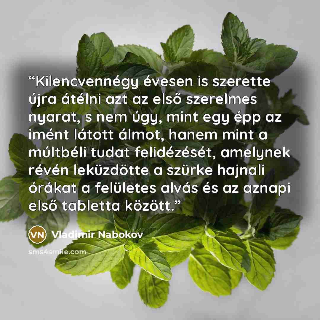 “Kilencvennégy évesen is szerette újra átélni azt az első szerelmes nyarat, s nem úgy, mint egy épp az imént látott álmot, hanem mint a múltbéli tudat felidézését, amelynek révén leküzdötte a szürke hajnali órákat a felületes alvás és az aznapi első tabletta között.” quote by Vladimir Nabokov