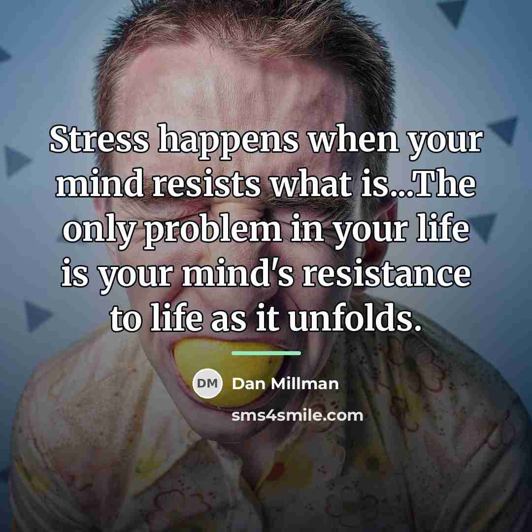 “Stress happens when your mind resists what is...The only problem…” quote by Dan Millman