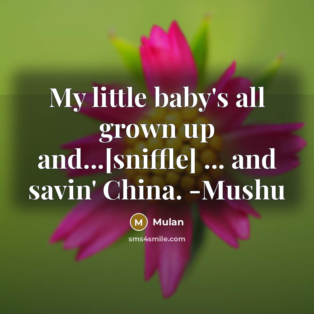 “My little baby's all grown up and...[sniffle] ... and savin'…” quote by Mulan