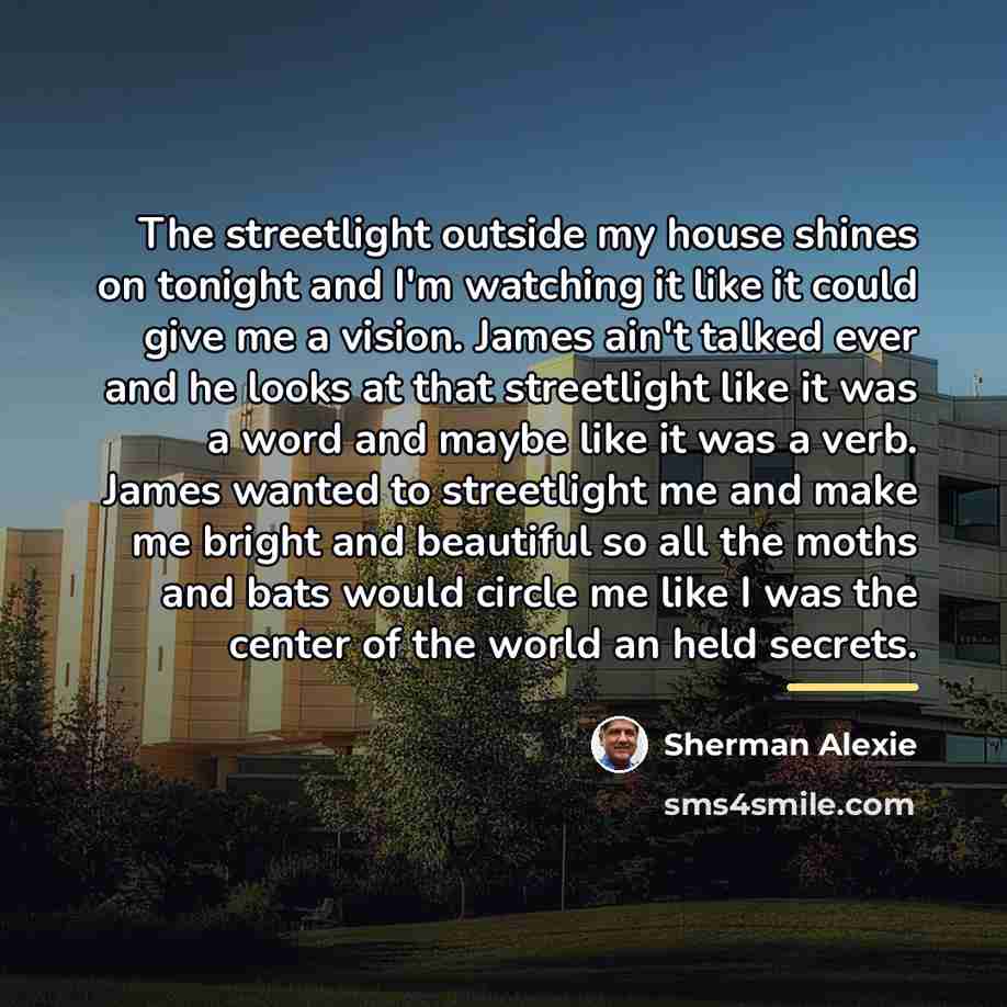 “The streetlight outside my house shines on tonight and I'm…” quote by Sherman Alexie
