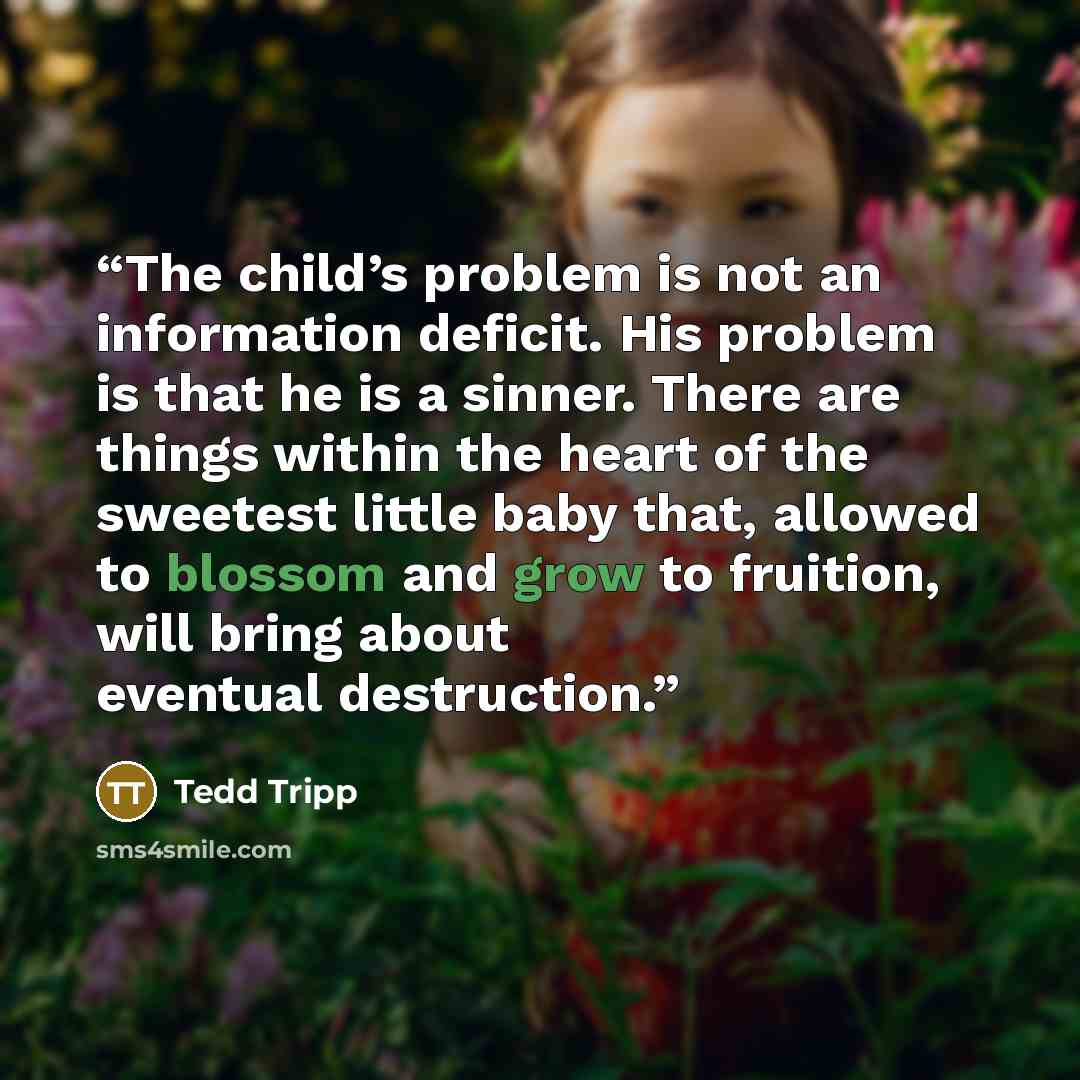 “The child’s problem is not an information deficit. His problem is that he is a sinner. There are things within the heart of the sweetest little baby that, allowed to blossom and grow to fruition, will bring about eventual destruction.” quote by Tedd Tripp
