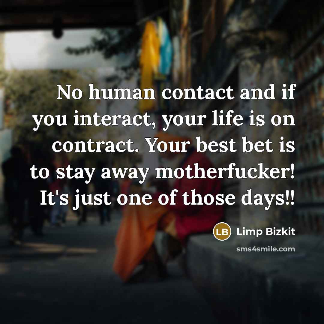 “No human contact and if you interact, your life is on contract. Your best bet is to stay away motherfucker! It's just one of those days!!” quote by Limp Bizkit