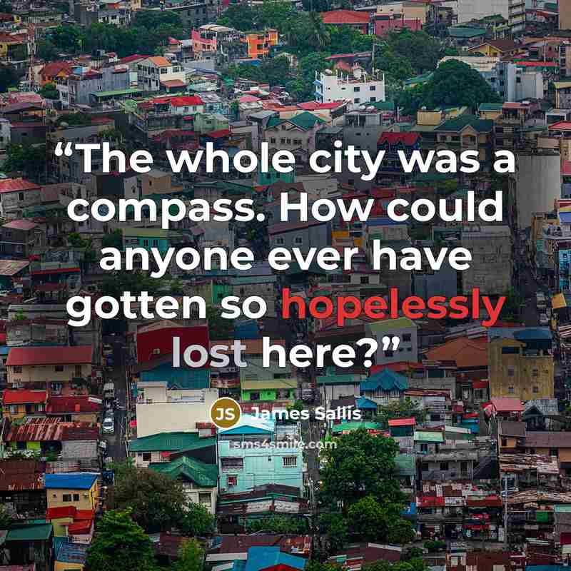 “The whole city was a compass. How could anyone ever have gotten so hopelessly lost here?” quote by James Sallis