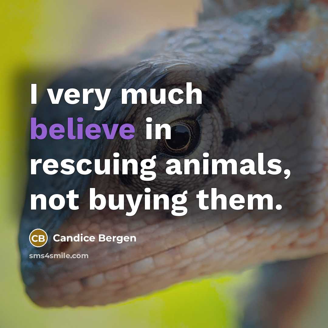 “I very much believe in rescuing animals, not buying them.…” quote by Candice Bergen