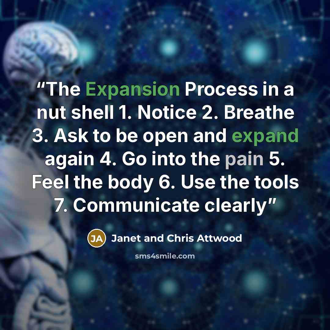 “The Expansion Process in a nut shell 1. Notice 2. Breathe 3. Ask to be open and expand again 4. Go into the pain 5. Feel the body 6. Use the tools 7. Communicate clearly” quote by Janet and Chris Attwood