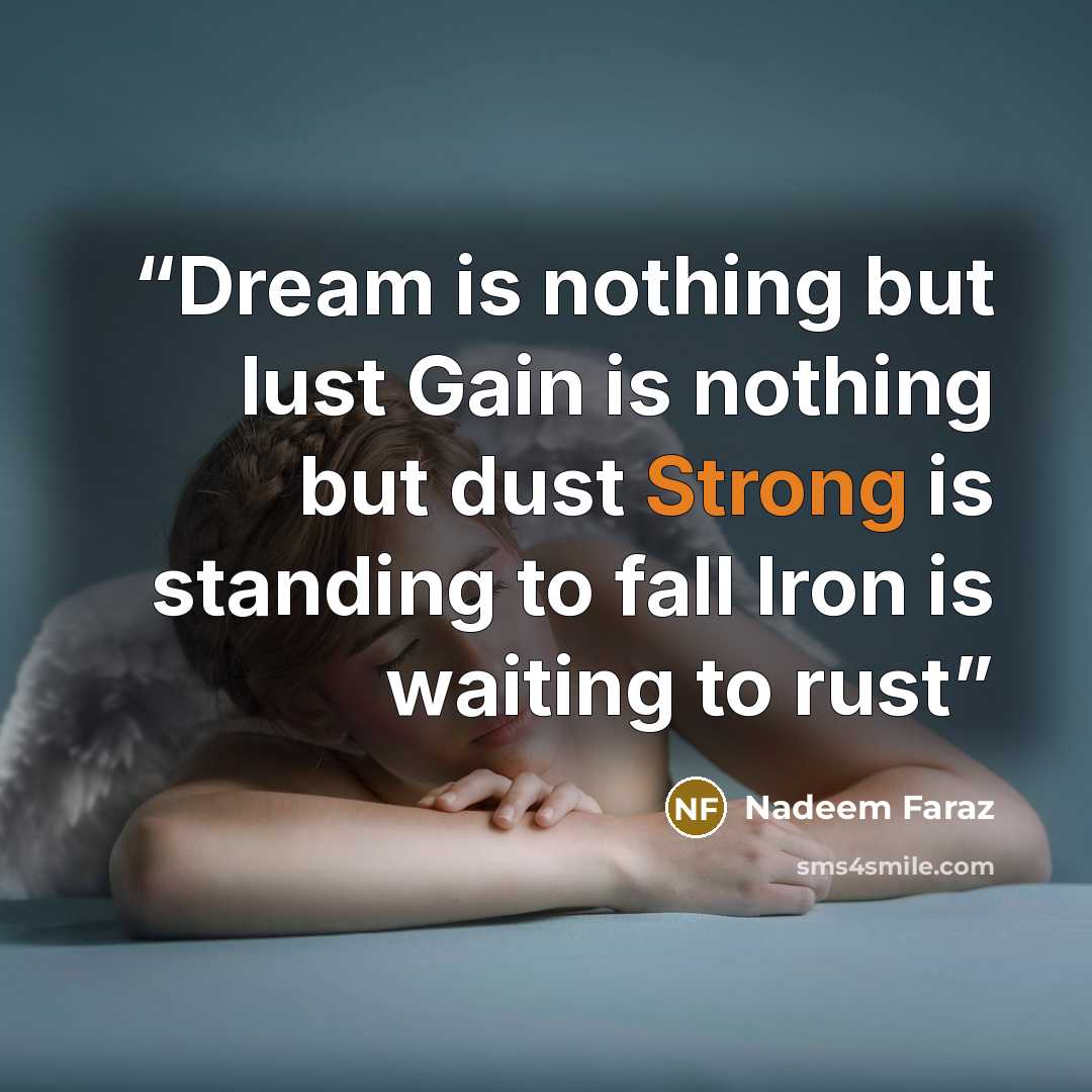 “Dream is nothing but lust Gain is nothing but dust Strong is standing to fall Iron is waiting to rust” quote by Nadeem Faraz