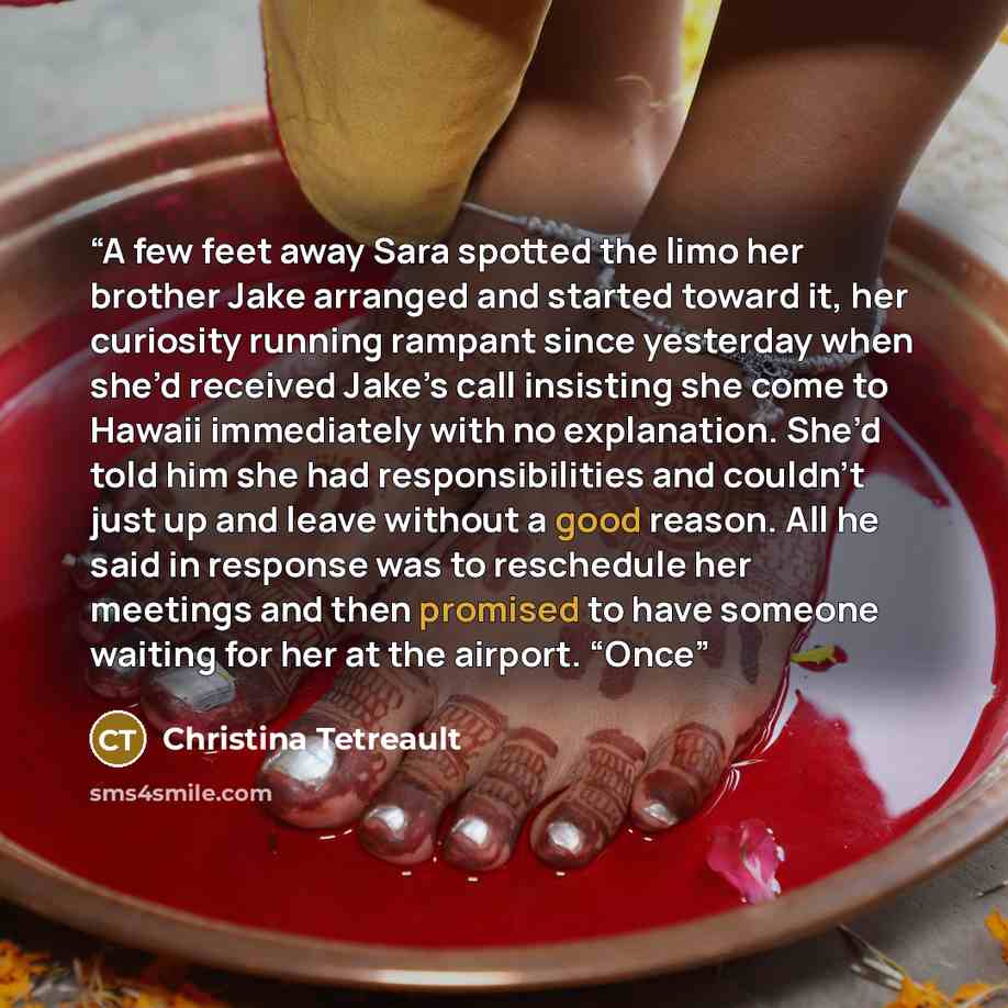 “A few feet away Sara spotted the limo her brother Jake arranged and started toward it, her curiosity running rampant since yesterday when she’d received Jake’s call insisting she come to Hawaii immediately with no explanation. She’d told him she had responsibilities and couldn’t just up and leave…” quote by Christina Tetreault